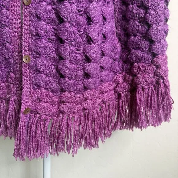 Handknit Crochet Purple Cape Poncho Wrap Sweater Chunky Fringe Granny Beige Boho - Picture 3 of 15